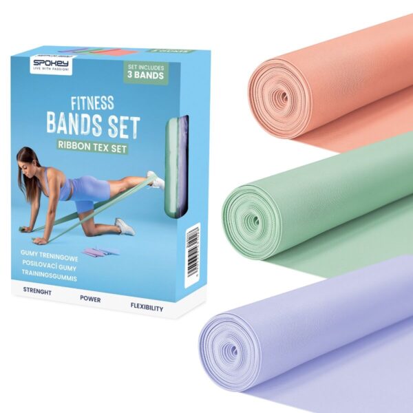 Voordeelset weerstandsbanden - 3 niveaus - 200 x 15 cm - 7 kg / 12 kg / 17 kg weerstand - Geschikt voor krachttraining en yoga - Spokey RIBBON TEX SET