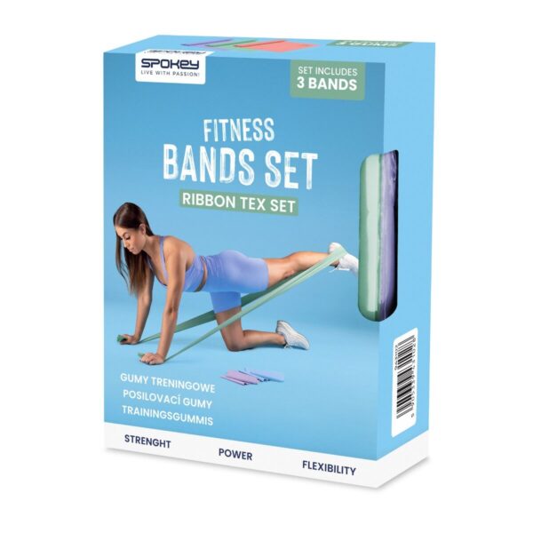 Voordeelset weerstandsbanden - 3 niveaus - 200 x 15 cm - 7 kg / 12 kg / 17 kg weerstand - Geschikt voor krachttraining en yoga - Spokey RIBBON TEX SET
