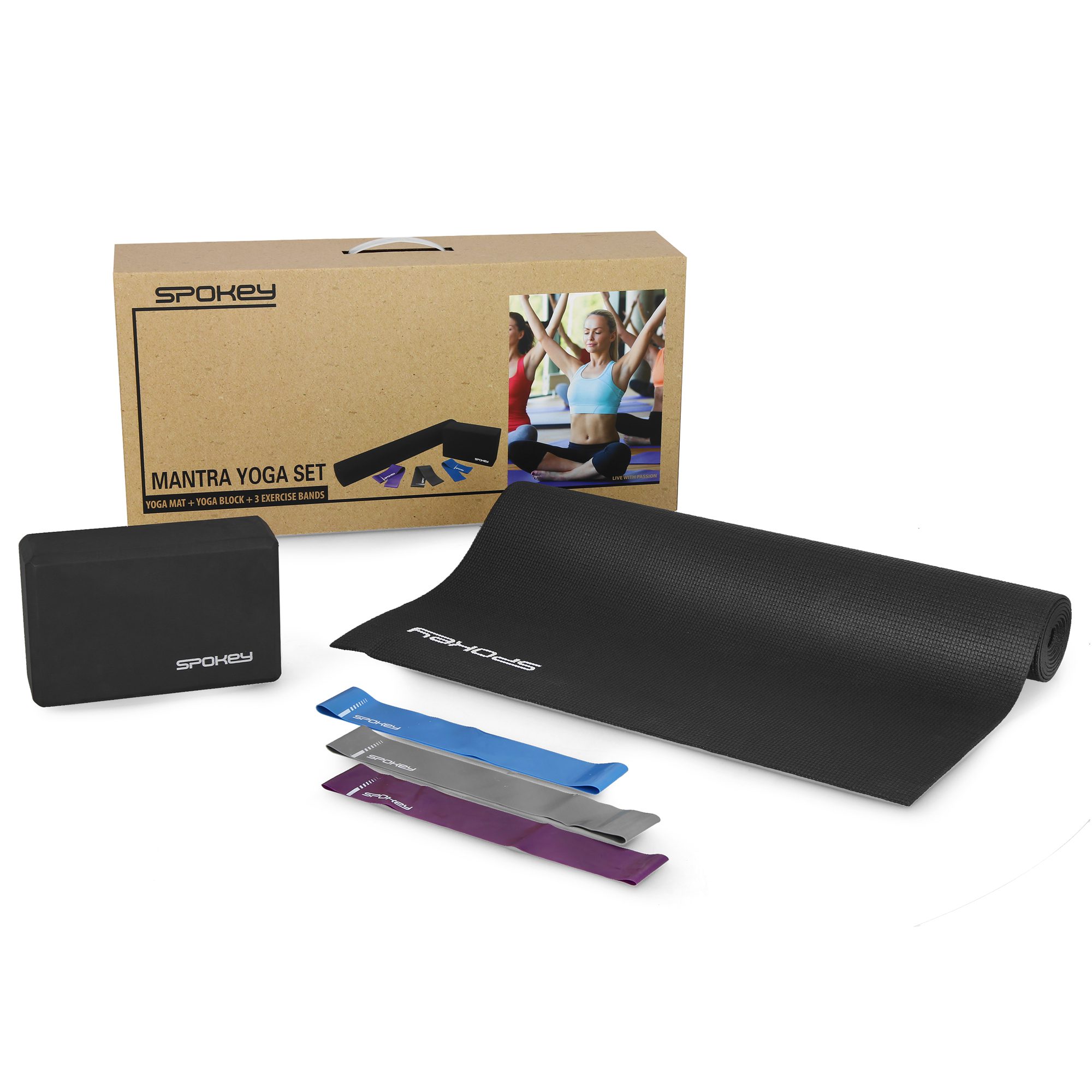 Spokey MANTRA yoga set met mat, blok en weerstandsbanden Spokey MANTRA yoga set met mat, blok en weerstandsbanden