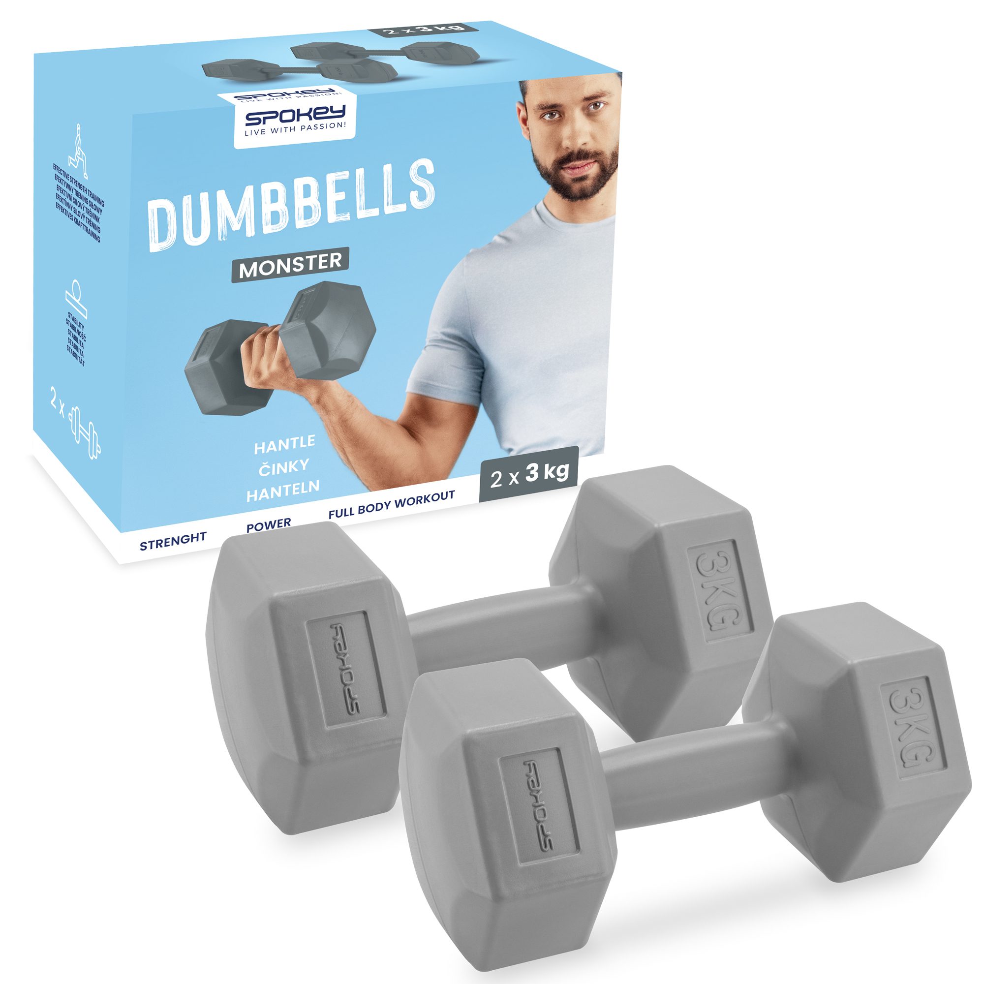 Hexagonale dumbbell set 2x3 kg grijs - Spokey MONSTER Hexagonale dumbbell set 2x3 kg grijs - Spokey MONSTER