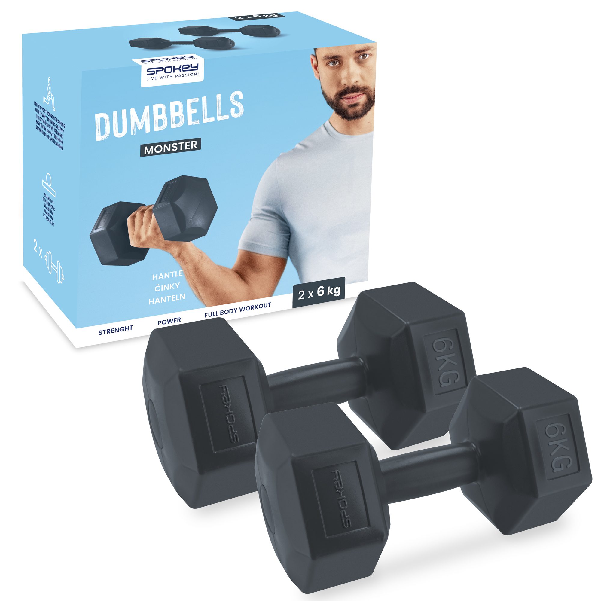 Hexagonale dumbbell set 2x6 kg zwart - Spokey MONSTER Hexagonale dumbbell set 2x6 kg zwart - Spokey MONSTER