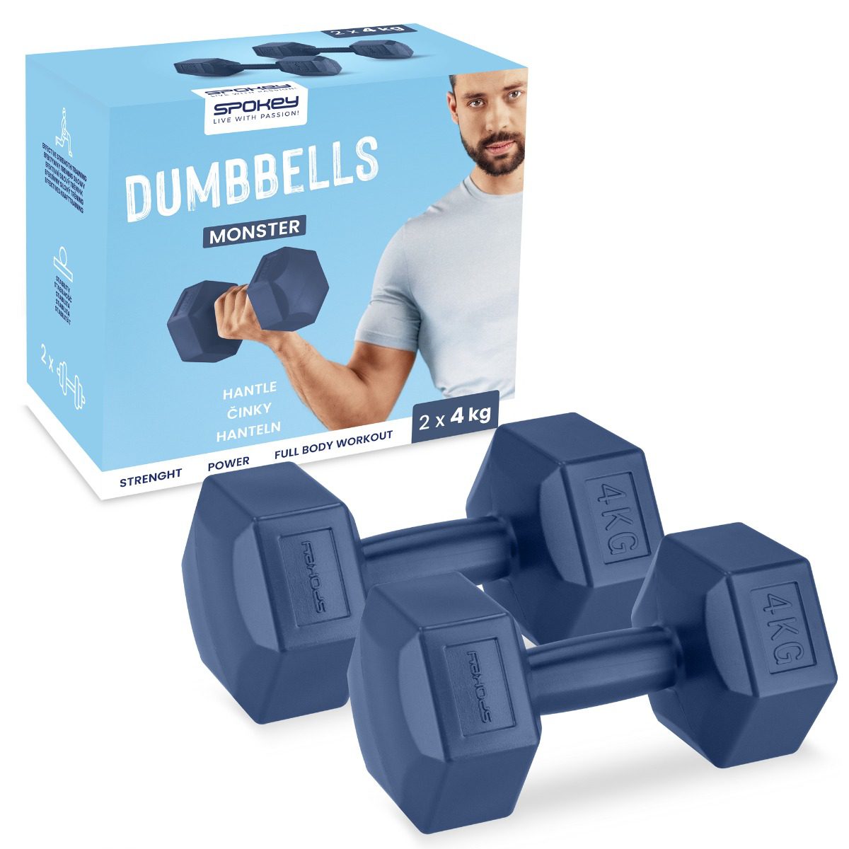 Set van hexagonale dumbbells 2x4 kg blauw - Spokey MONSTER Set van hexagonale dumbbells 2x4 kg blauw - Spokey MONSTER