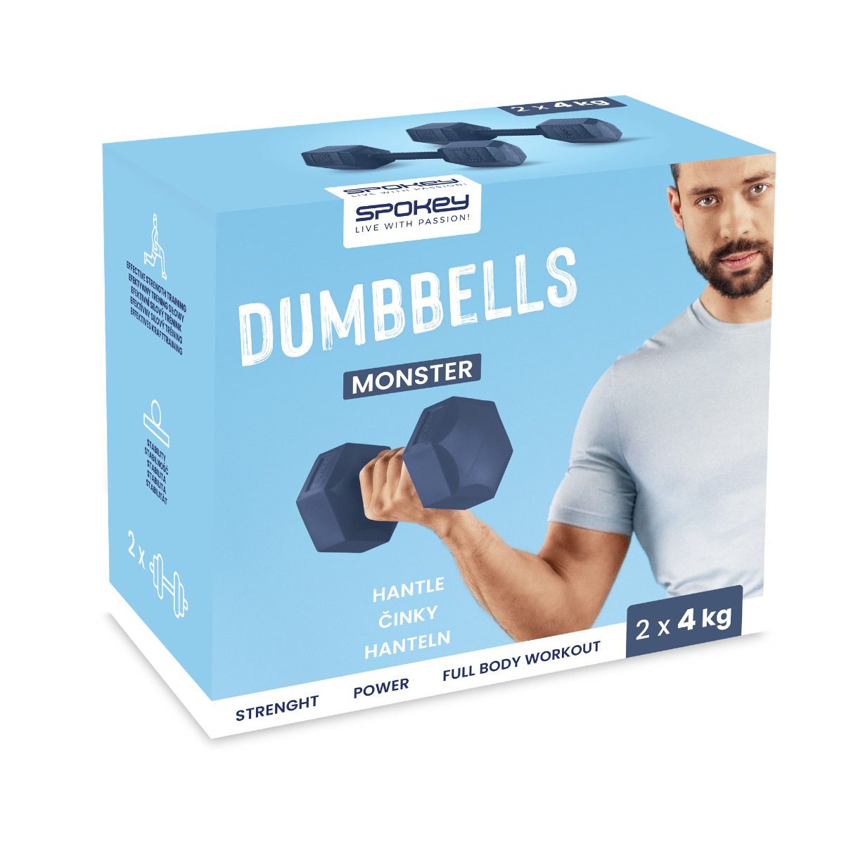Set van hexagonale dumbbells 2x4 kg blauw - Spokey MONSTER Set van hexagonale dumbbells 2x4 kg blauw - Spokey MONSTER