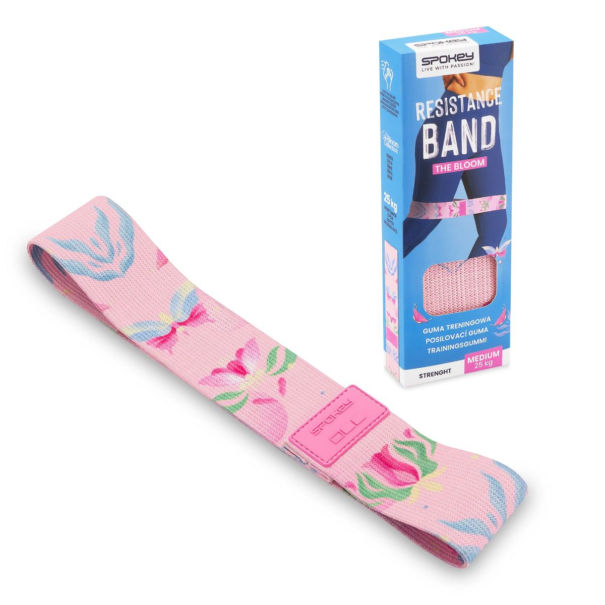 Weerstandsband - Elastische band - Weerstandsniveau 25 kg - 32x5 cm - Roze met bloemenpatroon - Spokey Bloom Medium Weerstandsband - Elastische band - Weerstandsniveau 25 kg - 32x5 cm - Roze met bloemenpatroon - Spokey Bloom Medium
