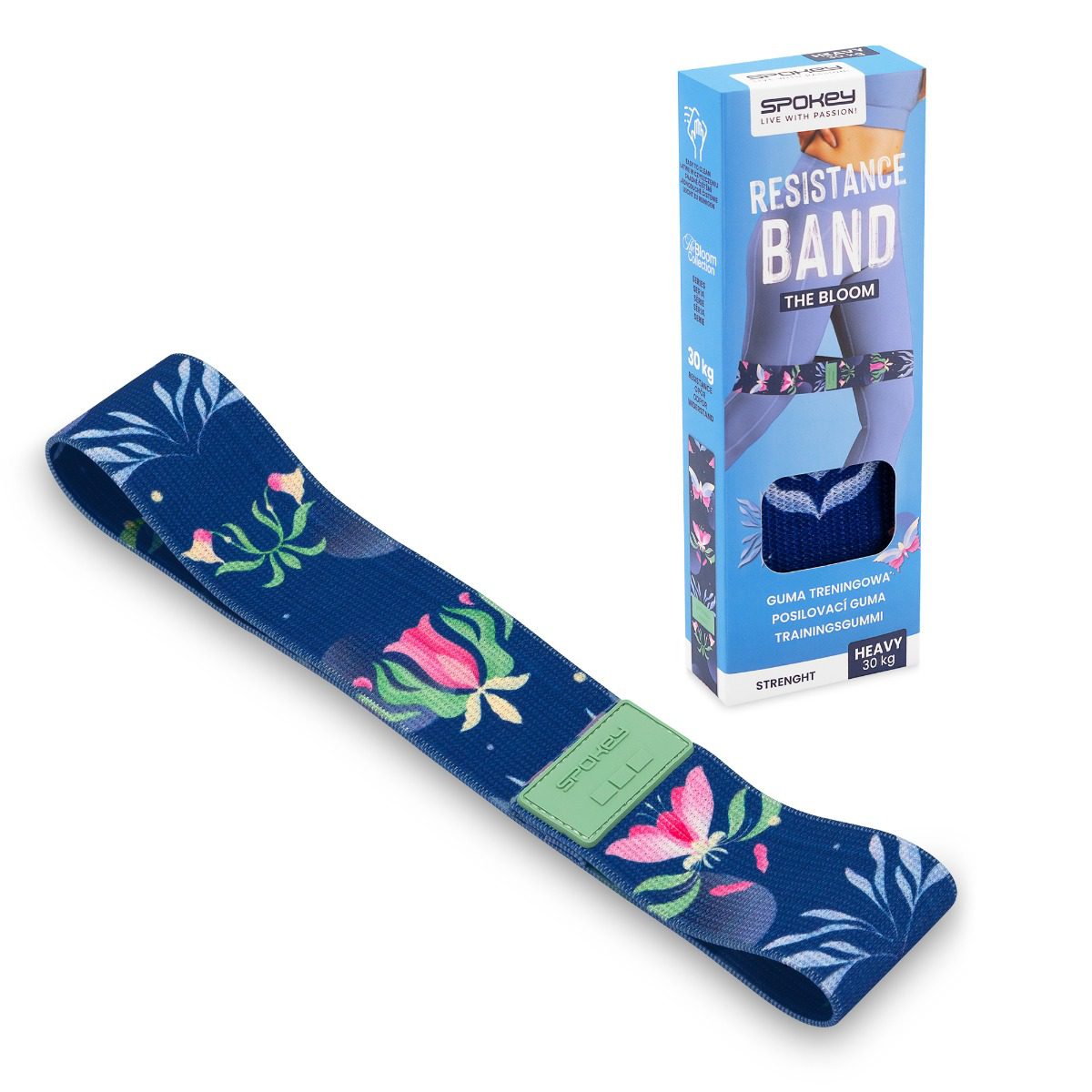 Weerstandsband - Elastische band - Drie weerstandsniveaus (20 / 25 / 30 kg) - 32x5 cm - Blauw met bloemenpatroon - Spokey THE BLOOM Weerstandsband - Elastische band - Drie weerstandsniveaus (20 / 25 / 30 kg) - 32x5 cm - Blauw met bloemenpatroon - Spokey THE BLOOM