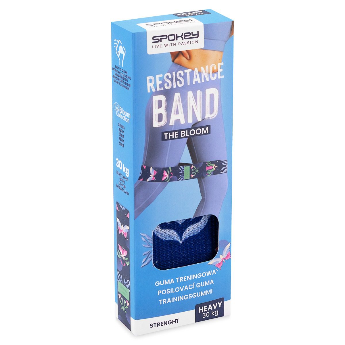 Weerstandsband - Elastische band - Drie weerstandsniveaus (20 / 25 / 30 kg) - 32x5 cm - Blauw met bloemenpatroon - Spokey THE BLOOM Weerstandsband - Elastische band - Drie weerstandsniveaus (20 / 25 / 30 kg) - 32x5 cm - Blauw met bloemenpatroon - Spokey THE BLOOM