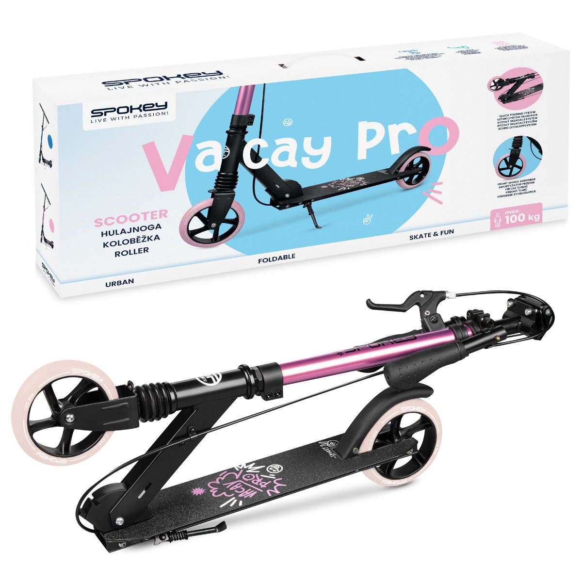 Step voor meisjes - Zwart / Roze - 145mm wielen - Opvouwbaar - Spokey VACAY PRO Step voor meisjes - Zwart / Roze - 145mm wielen - Opvouwbaar - Spokey VACAY PRO