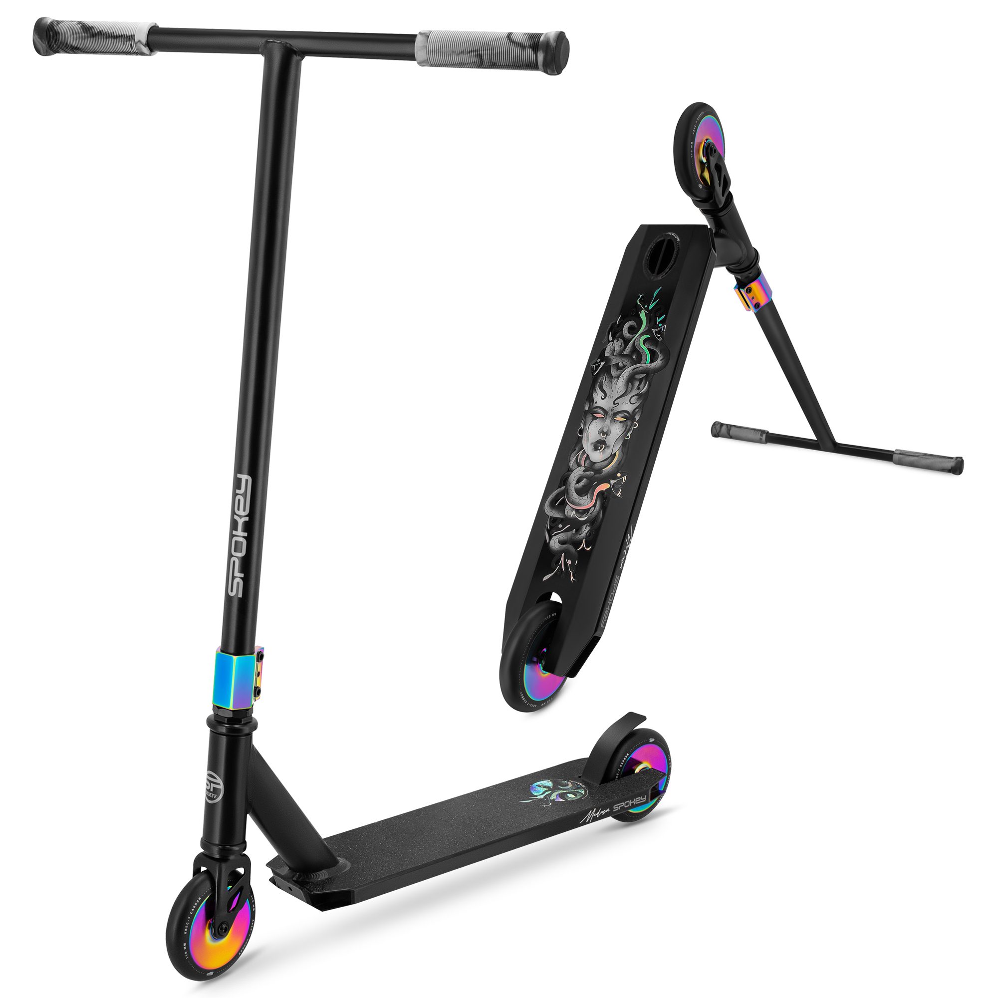 Stuntstep - Zwart met hologram - ABEC-7 - 110 mm / 82A - 87 cm - Spokey MEDUSA Stuntstep - Zwart met hologram - ABEC-7 - 110 mm / 82A - 87 cm - Spokey MEDUSA