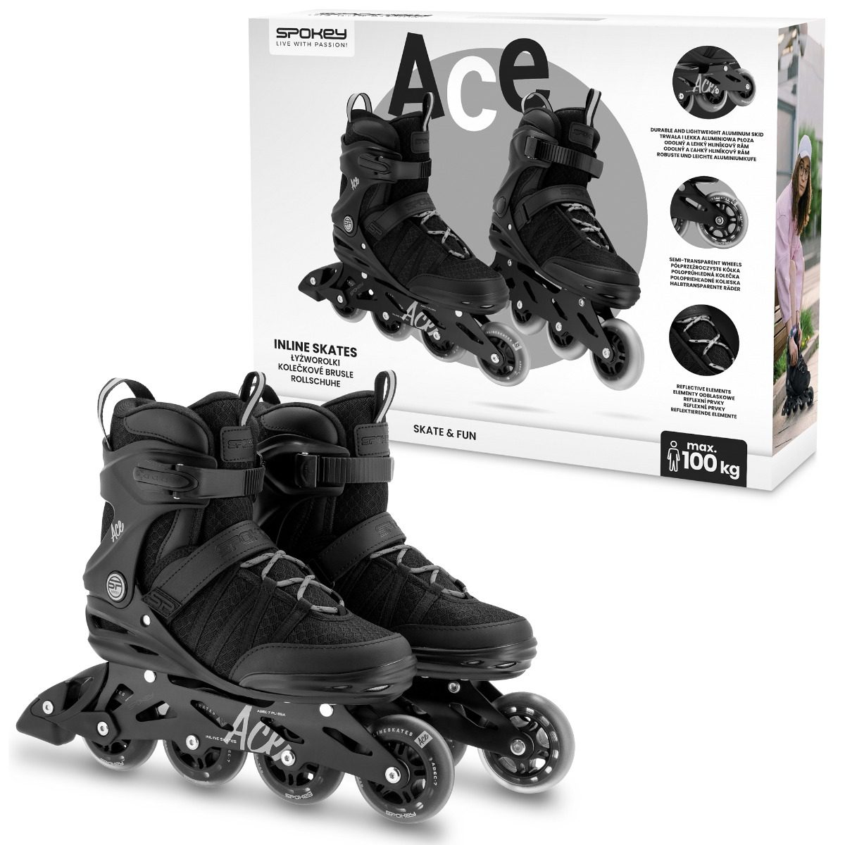 Inline skates - Zwart - 80 mm / 85A - ABEC-7 - Spokey ACE Inline skates - Zwart - 80 mm / 85A - ABEC-7 - Spokey ACE