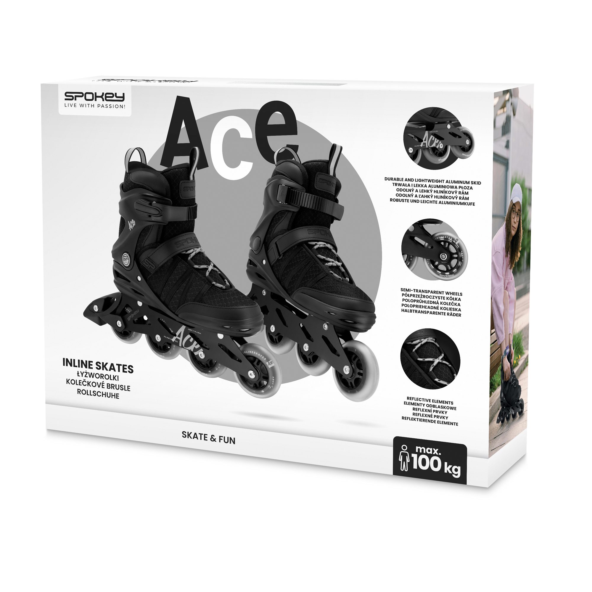 Inline skates - Zwart - 80 mm / 85A - ABEC-7 - Spokey ACE Inline skates - Zwart - 80 mm / 85A - ABEC-7 - Spokey ACE