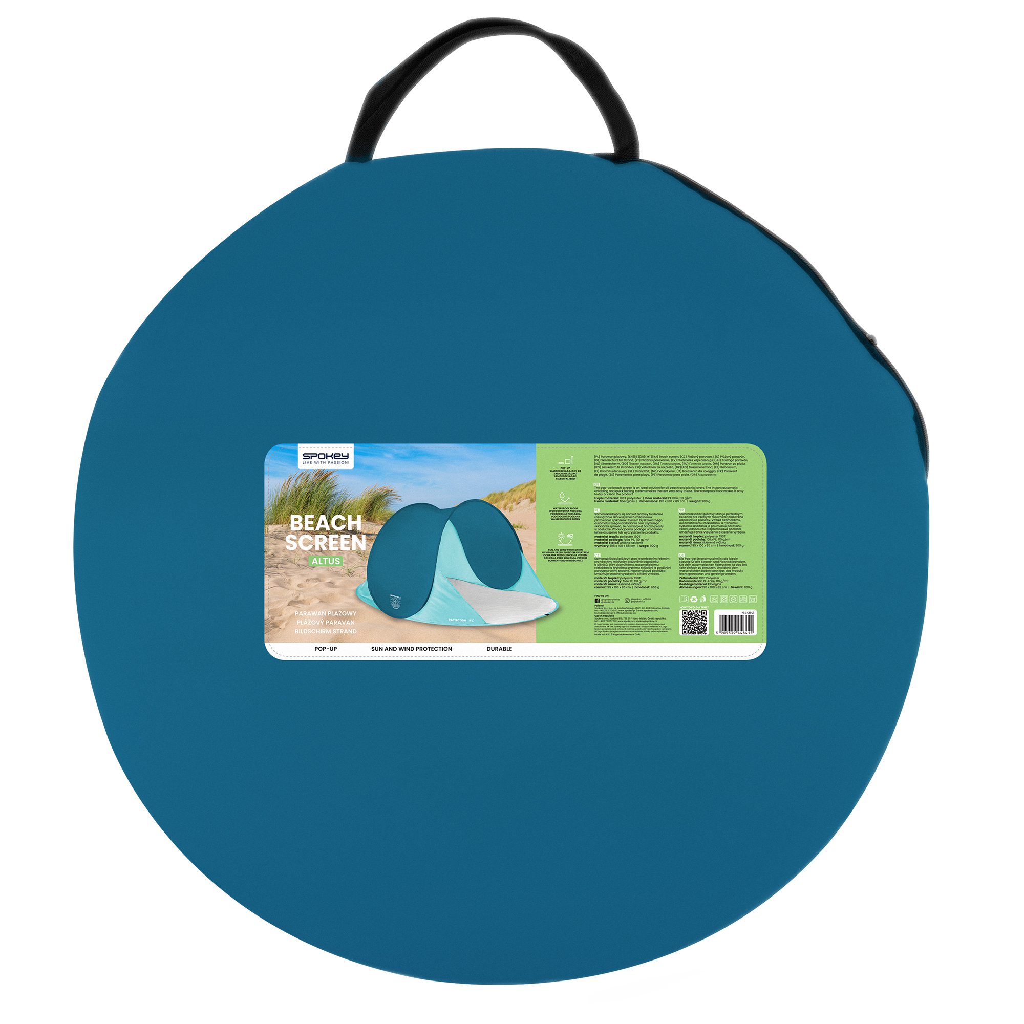 Zelfvouwende strandtent - Windtent - UV bescherming - Blauw / Turquoise - 195 x 100 x 85 cm - Spokey ALTUS Zelfvouwende strandtent - Windtent - UV bescherming - Blauw / Turquoise - 195 x 100 x 85 cm - Spokey ALTUS